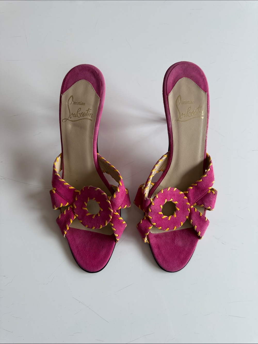 Christian Louboutin Fuchsia Suede Slip-On Mules with Yellow Stitching size 38